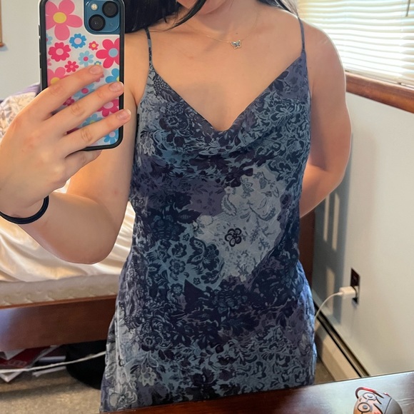 Vintage Midi Asymmetrical Cowl Neck Dress Size 2 Blue Pattern - Picture 9 of 10